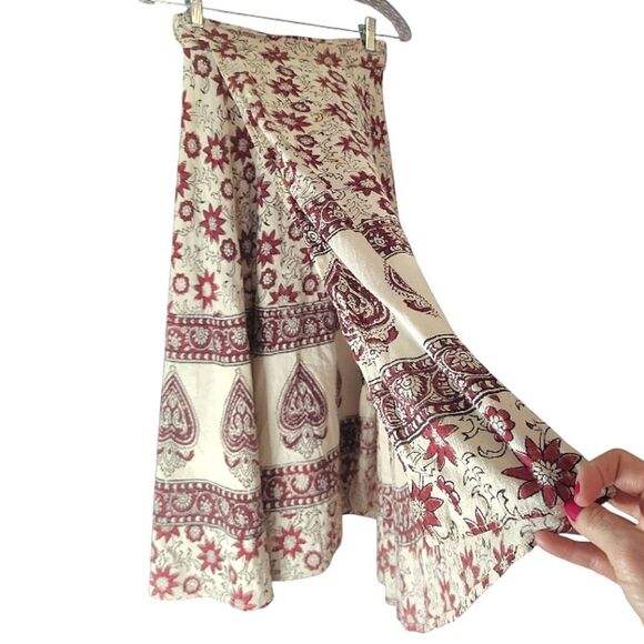 VTG India Cotton Off White Red Floral Block Print Midi Wrap Skirt *XS- Med - Picture 11 of 16